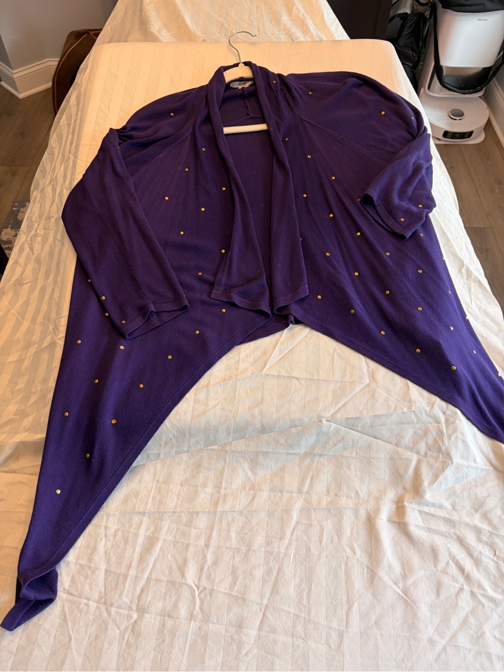 Cache Purple Draped Open-Front Cardigan with Gold Studs